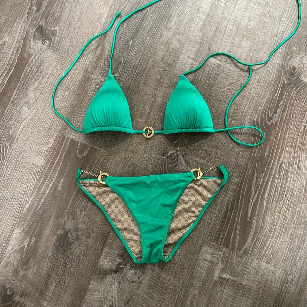 Victoria’s Secret - sexy green, shiny bikini with gold chains
